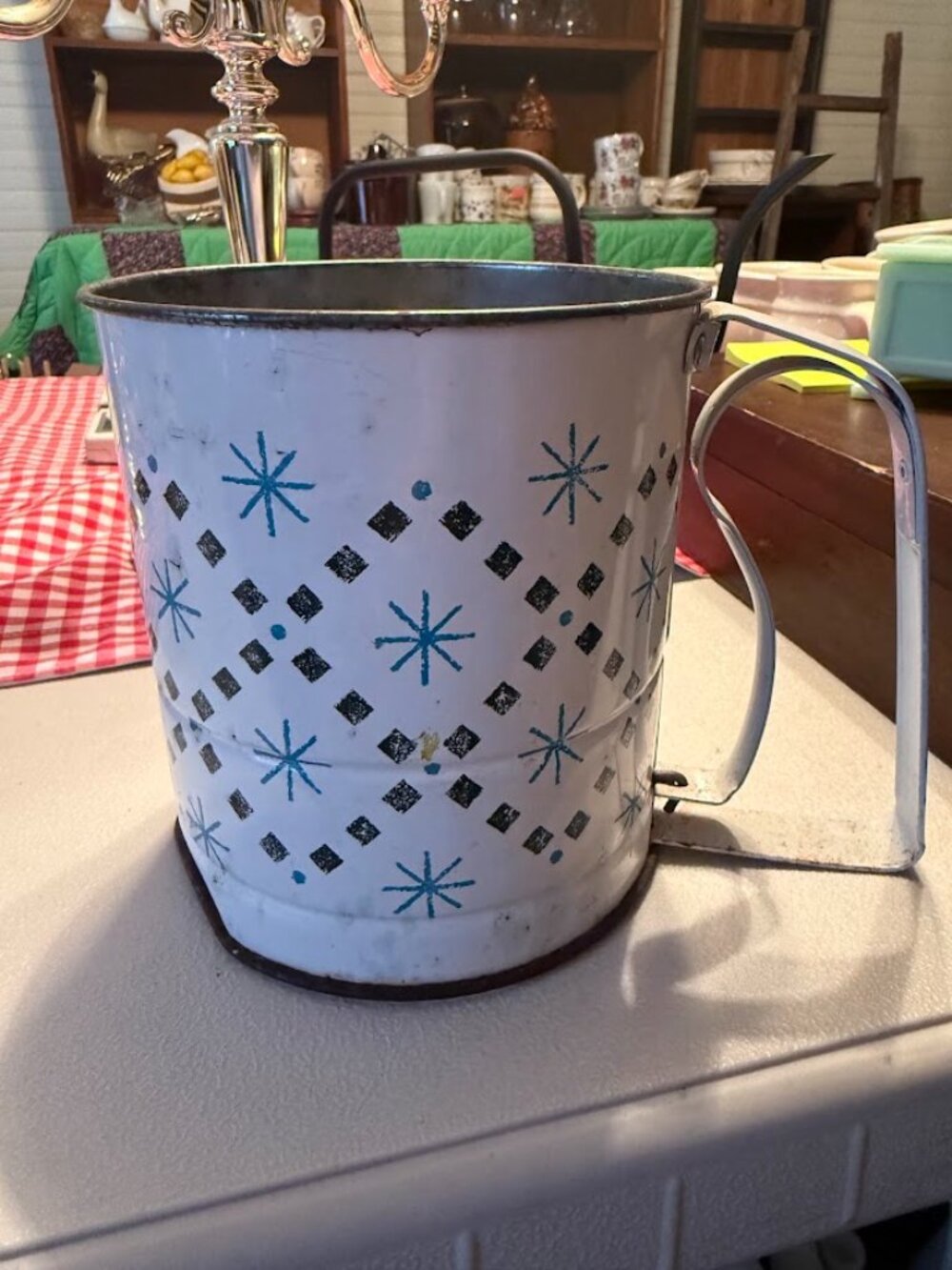 Vintage 1950s MC Atomic Turquoise Starburst Androck Flour Sifter